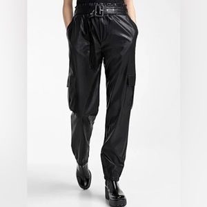 Black Faux Leather High Waisted Cargo Joggers